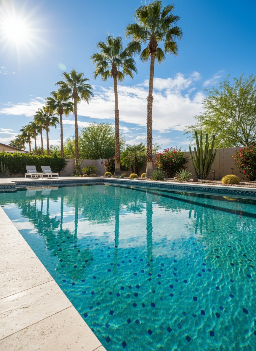 A sparkling-clean residential Las Vegas backyard pool with crystal-clear turquoise water at golden hour.